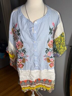 John Mark Multi-Color Embroidered Patchwork Top